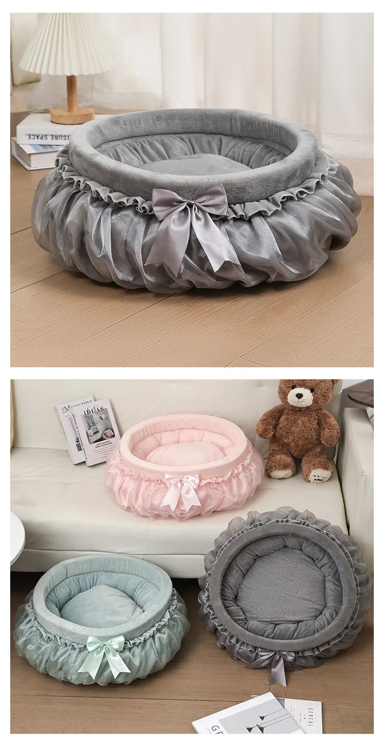Luxury Ruffled Pet Bed with Satin Bow