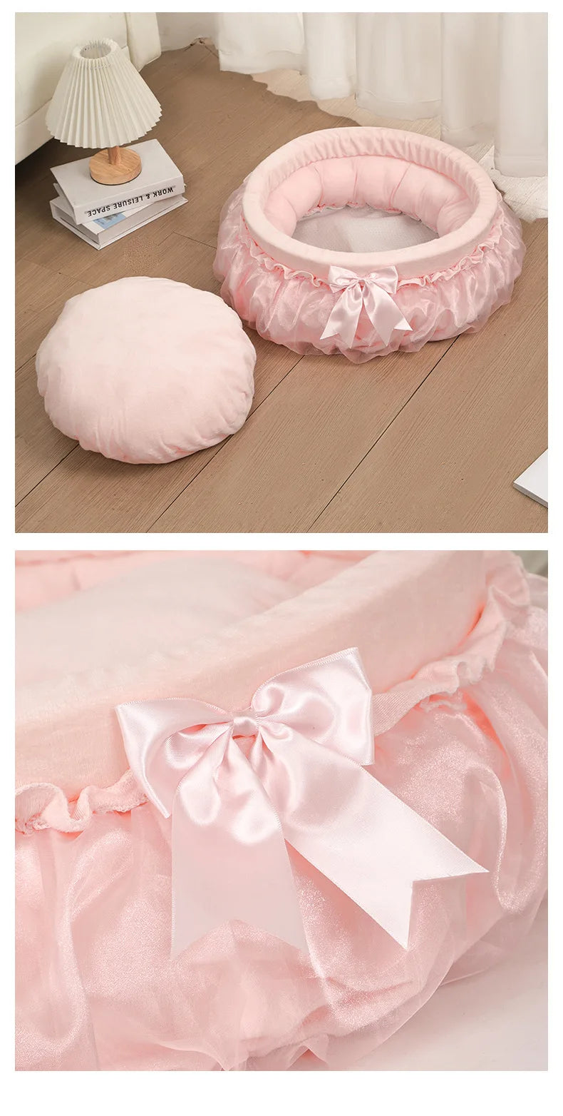 Luxury Ruffled Pet Bed with Satin Bow